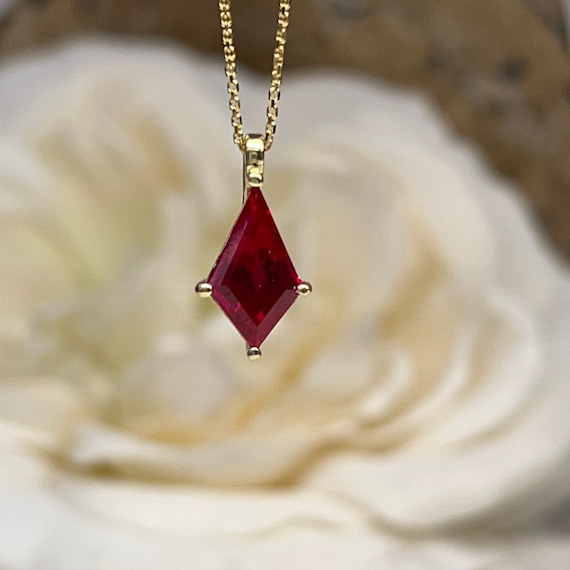 Ruby Kite Shape Pendant Necklace Solid 14K Yellow Gold, Ladies 