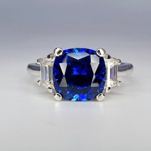 Blue Sapphire And Moissanite Engagement Ring, Cushion Cut Sapphire And Moissanite Three Stone Wedding Ring, 14k White Gold Ladies Ring #6791