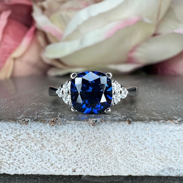 Cushion Cut Blue Sapphire Engagement Ring, 14k Gold Sapphire Cushion and Round Moissanite Cluster Ring, Cushion And Round Wedding Ring #7092