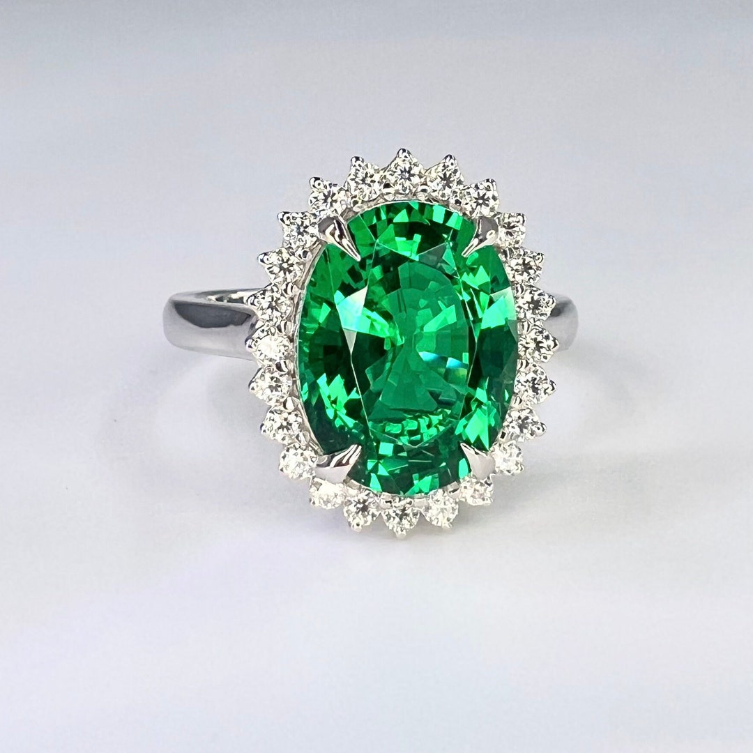 Oval Emerald Halo Engagement Ring 14K White Gold Unique Vintage Oval ...