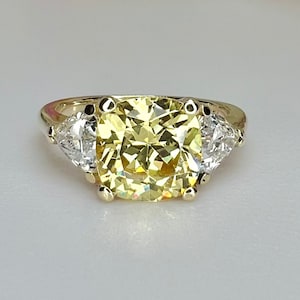 Cushion Cut Canary Yellow Solitaire Engagement Wedding Promise Ring With Trillion Accents 3.20ctw  In 14K White Gold #4740