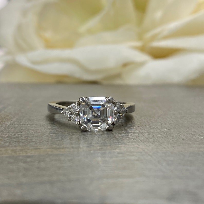 Asscher Cut Moissanite Engagement Ring Set Vintage Unique - Etsy