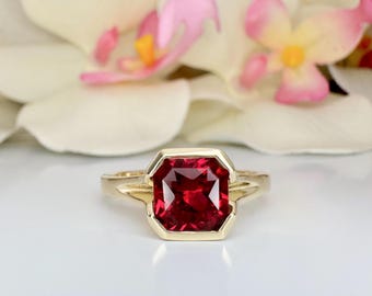Ruby Ring Radiant Cut 14K Solid Gold For Women, #7173 Ruby Engagement Rings Solitaire, Single Stone Red Ruby Simple Setting Engagement Ring