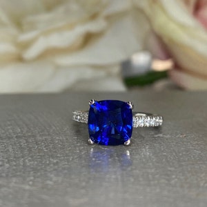 Blue Sapphire Ring Cushion Cut 14K  White Gold For Women, Blue Sapphire Engagement Ring, Cushion Cut Solitaire Sapphire Engagement Ring 6372