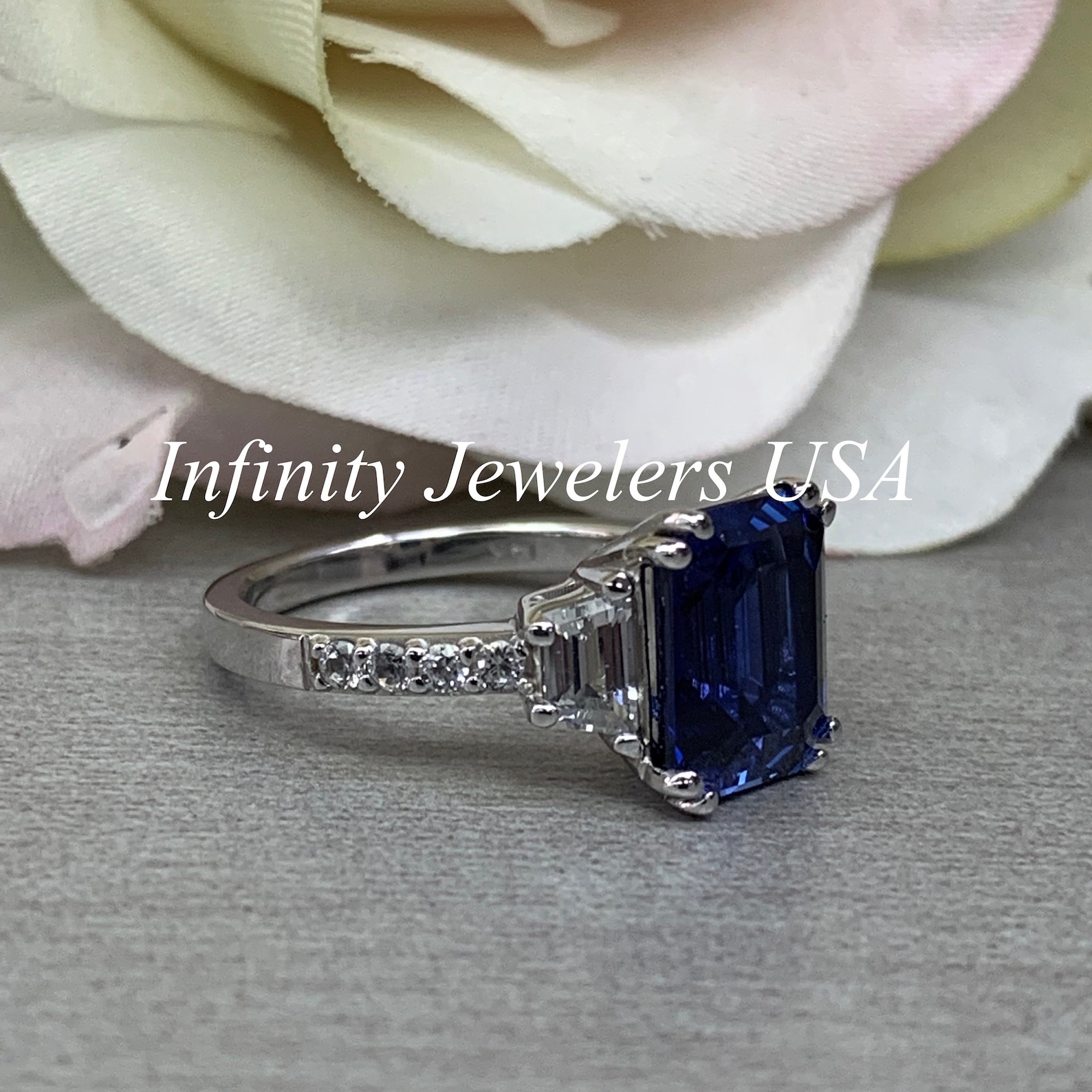 Emerald Cut Engagement Ring Blue Sapphire Engagement Ring Etsy