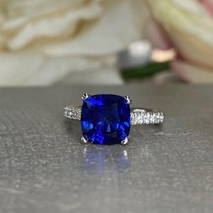 Blue Sapphire Ring Cushion Cut 14K  White Gold For Women, Blue Sapphire Engagement Ring, Cushion Cut Solitaire Sapphire Engagement Ring 6372