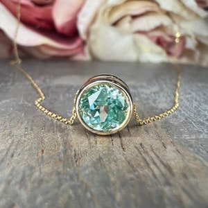 Paraiba Tourmaline Bezel Pendant, Round Green Necklace, Floating Pendant, Delicate Necklace, 14K Yellow Gold #6728