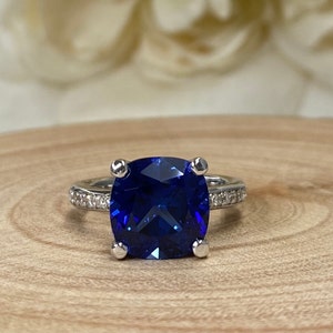 Cushion Cut Blue Sapphire and Diamond Engagement Ring, Cushion Cut Sapphire and Moissanite Ring,  Blue Sapphire and Diamond Ring, #4961