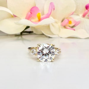 Cushion Cut Engagement Ring, Solitaire Wedding Ring, Cushion Cut With Round Accents, Ladies Ring In 14k Yellow Gold, Three Stone Ring, #4521