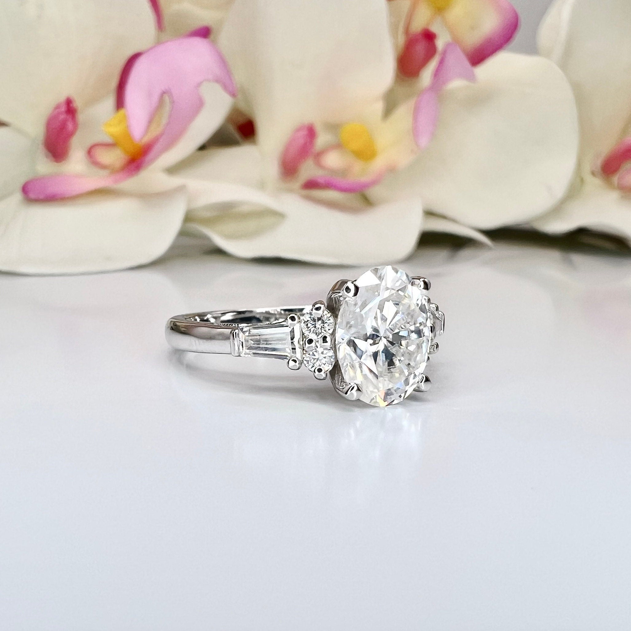 2.50CTW Oval Moissanite Engagement Ring 14k Solid White Gold , Three ...