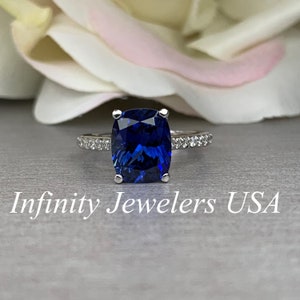 Elongated Cushion Cut Engagement Ring / Blue Sapphire Ring / Sapphire and Moissanite Ring / 14k White Gold / #6316