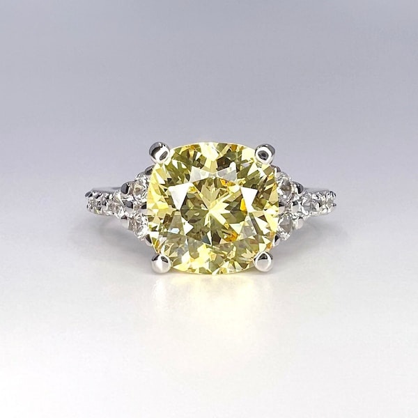 Canary Cushion Cut Solitaire Engagement Ring With  Round Accents,  14K Yellow Gold #5097