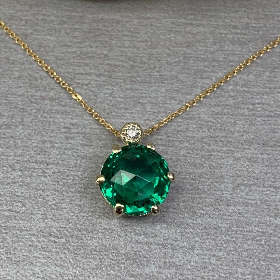14k Emerald Necklace, Emerald Diamond 14k Necklace, Round Gold Emerald Pendant, May Birthstone Necklace, Emerald Pendant, 14k Gold, #6885