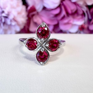Ruby Clover Ring Round  Ruby  Clover Cluster Ring Gold Floral Design Ring For Women , Best Friends Gift, Bridal Graduation Gift,  #8713