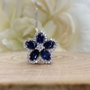 Blue Sapphire and Diamond Necklace 14k White Gold, Natural Blue Sapphire and Diamond Flower Necklace For Women, Unique Flower Necklace #3221