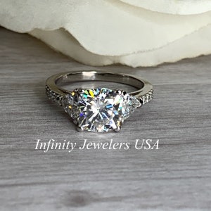 Moissanite Engagement Rings Cushion Cut 14k White Gold, #5253 Three Stone Moissanite Diamond Ring For Women, Vintage Unique Engagement Ring