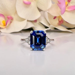 Blue Sapphire Engagement Ring 14K White Gold Emerald Cut Blue Sapphire Ring  Diamonds Unique Sapphire Wedding Promise Anniversary Ring #6100