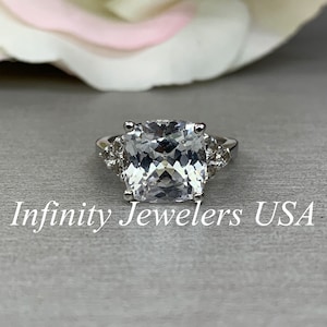 Cushion Cut Engagement Ring With White Sapphire Round Accents In 14K White Gold  #5557
