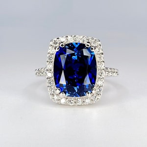 Elongated cushion cut rich blue sapphire engagement ring with Moissanite or Diamond Accents /  halo style setting  in 14k white gold#6550