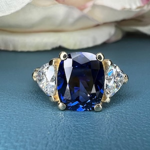 Elongated Blue Sapphire Three Stone Engagement Ring, Blue Sapphire and Moissanite Ring, Cushion Cut Sapphire Ring 14k Solid White Gold 6765