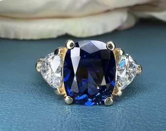 Elongated Blue Sapphire Three Stone Engagement Ring, Blue Sapphire and Moissanite Ring, Cushion Cut Sapphire Ring 14k Solid White Gold 6765
