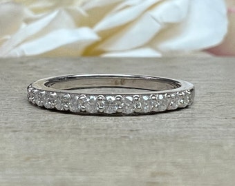 Alianza de boda de moissanita blanca de 14 quilates, apilable, fina, con diamantes, para damas, delicada, n.° 7279