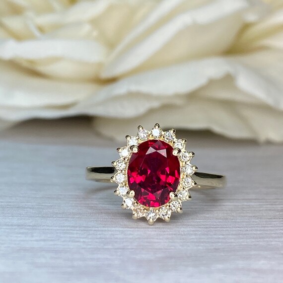 Oval Red Garnet and Round White CZ Halo Bridal Ring 14k Yellow Gold Over 