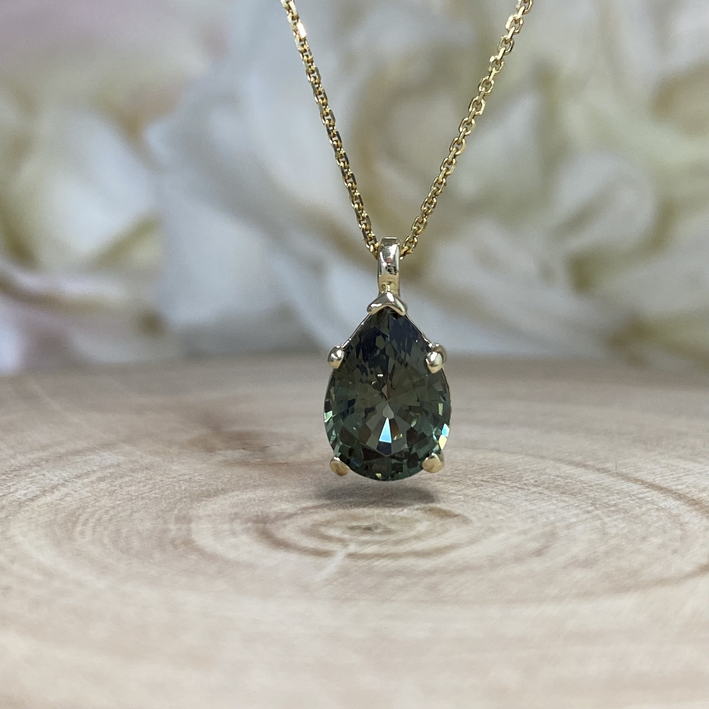 Pear Shaped Olive Green Sapphire Pendant Necklace 14k Yellow Gold Pear Shape Ladies Necklace Unique Olive Green Sapphire Pendant #7274