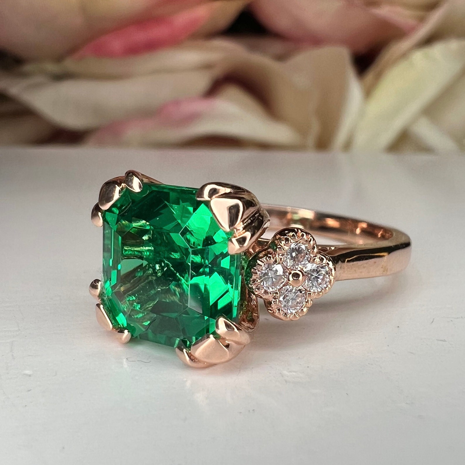 Asscher Cut Emerald Engagement Ring 14K Rose Gold Unique - Etsy
