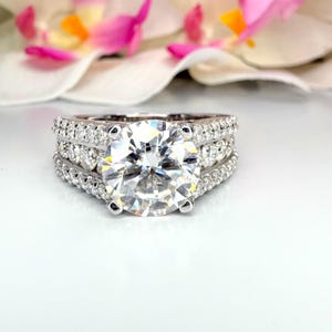 Round Moissanite Engagement Ring 14K Gold , Three Row Moissanite Band , Large Stone Wedding Ring , Unique Three Row Moissanite Ring ,  #8672