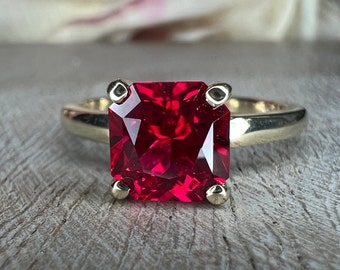 Radiant Cut Engagement Ring / Red Ruby Wedding Solitaire / Ladies Solitaire / 14k Yellow Gold / #6217