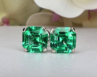 Asscher cut green emerald screw back stud earrings, 3.50ctw, 14k yellow gold , May Birthstone Earrings , Radiant Cut Emerald Earring   #5284