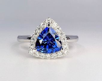 Trillion Blue Sapphire Engagement Ring, Vintage Halo Sapphire Ring in 14K Yellow Gold, Unique Royal Blue Promise Ring for Women #8140