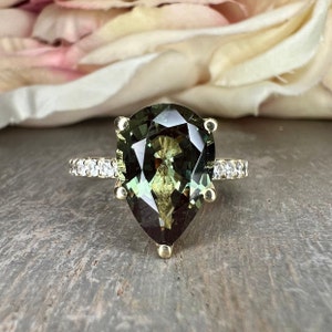 Green Sapphire Pear Shaped Engagement Ring 14k Gold Ring , Pear Shape Green Sapphire Solitaire Engagement Rings , Green Sapphire Ring  #7257