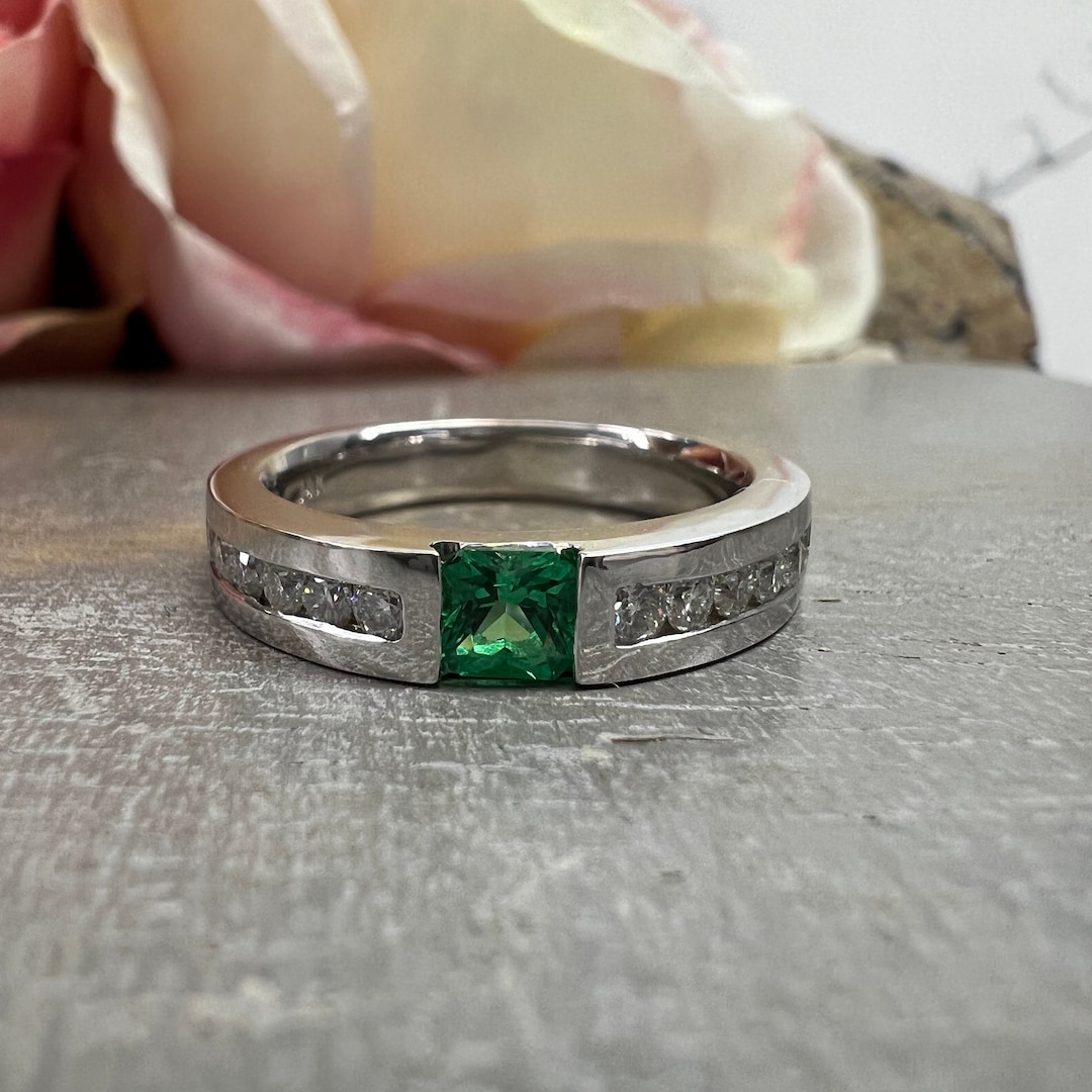 Mens Emerald and Moissanite Wedding Band White Gold Classic Mans