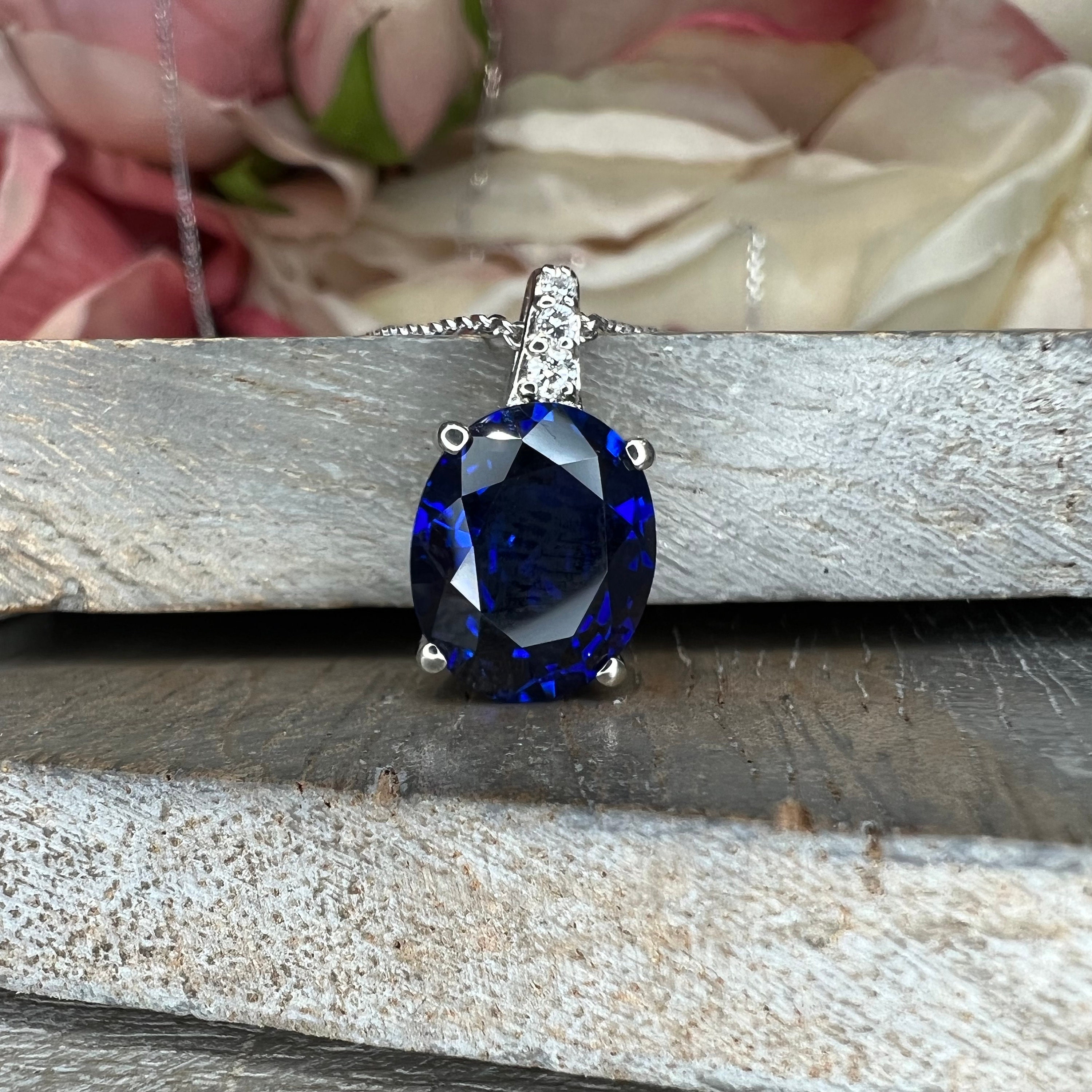 Oval Blue Sapphire and Diamond Pendant Necklace 14K White