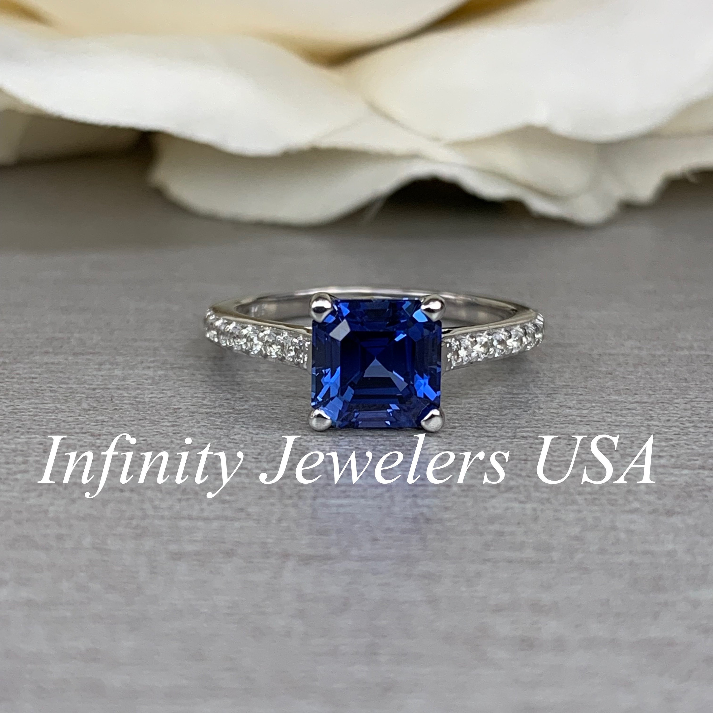 Asscher Cut Blue Sapphire Engagement Ring, Engagement Ring Round