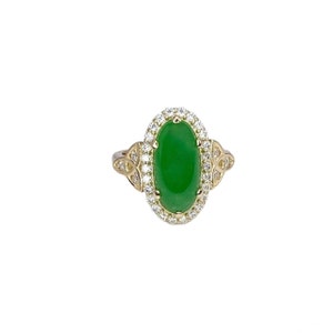 Jade Ring Elongated Oval with Diamond Halo in 14K Solid Yellow Gold , Unique Cabochon Oval Cut Jade Engagement Ring  Celtic Gold Jade Ring