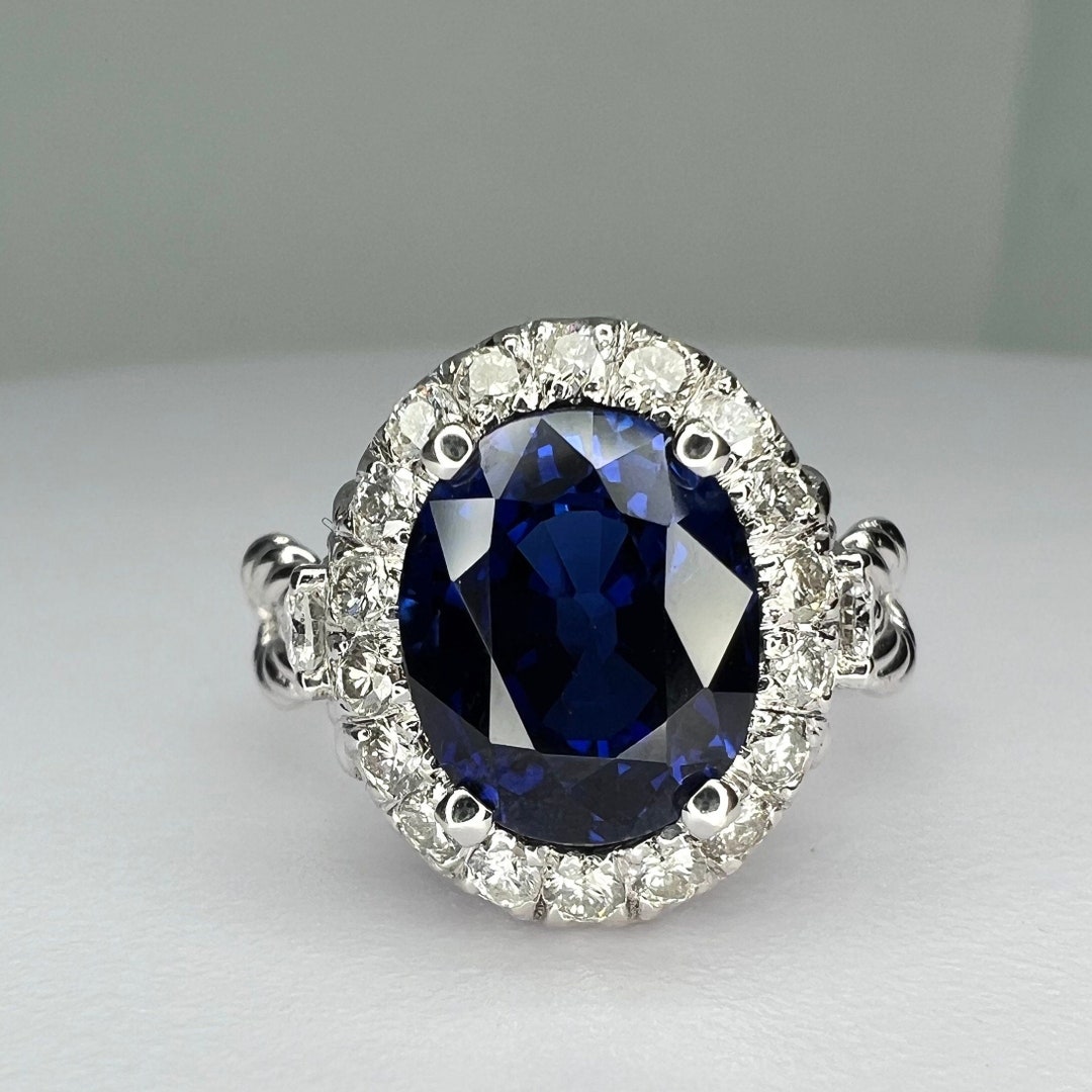 Oval Engagement Ring / Blue Sapphire Ring / Diamond Halo Ring ...