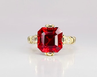 Asscher Cut Ruby Engagement Ring, Ruby Asscher Cut Vintage Ladies Wedding Ring, 14k Yellow Gold Unique Ruby And Diamond Statement Ring #6214