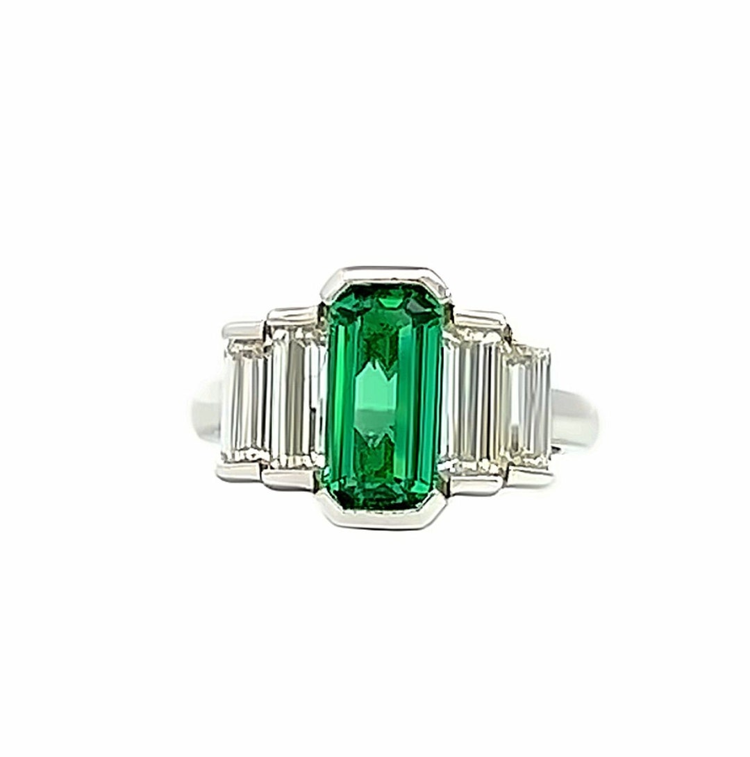 Unique Emerald Cut Emerald and Moissanite 5 Stone Engagement Ring, 14k