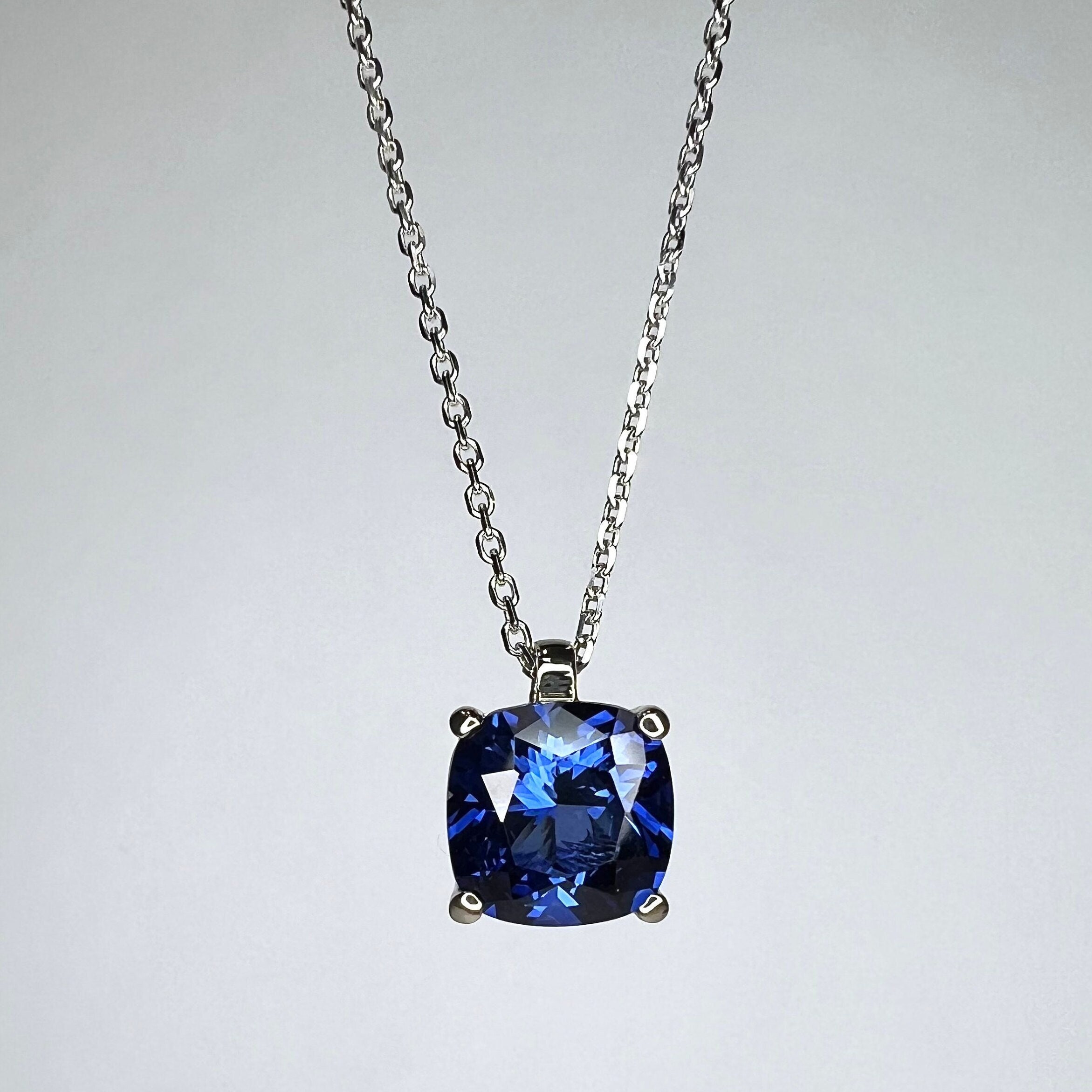 Dazzlingrock Collection 7mm Cushion Lab-Created Blue Sapphire Halo Pendant With Sterling Silver Chain