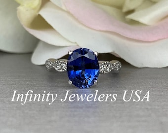 Oval Blue Sapphire Engagement Ring White Gold Blue Sapphire Solitaire Ring Unique Vintage Twist Band Wedding Promise Anniversary Rings #5800