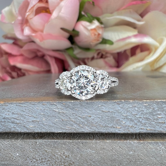 Three Stone Round Halo Diamond Engagement Ring White Gold Vintage Style Round Engagement Ring Halo Setting Past Present Future Rings 4059 Etsy
