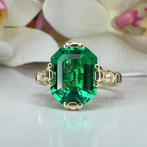 Emerald cut emerald with natural diamonds vintage style engagement ring, 3.50ctw, 14k yellow gold #5995