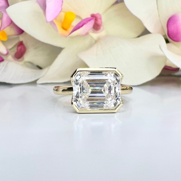 3.50 CTW Emerald Cut Moissanite Engagement Ring 14K Solid Gold East West Emerald Cut Moissanite Ring Unique Wedding Gift Ring For Her #8400