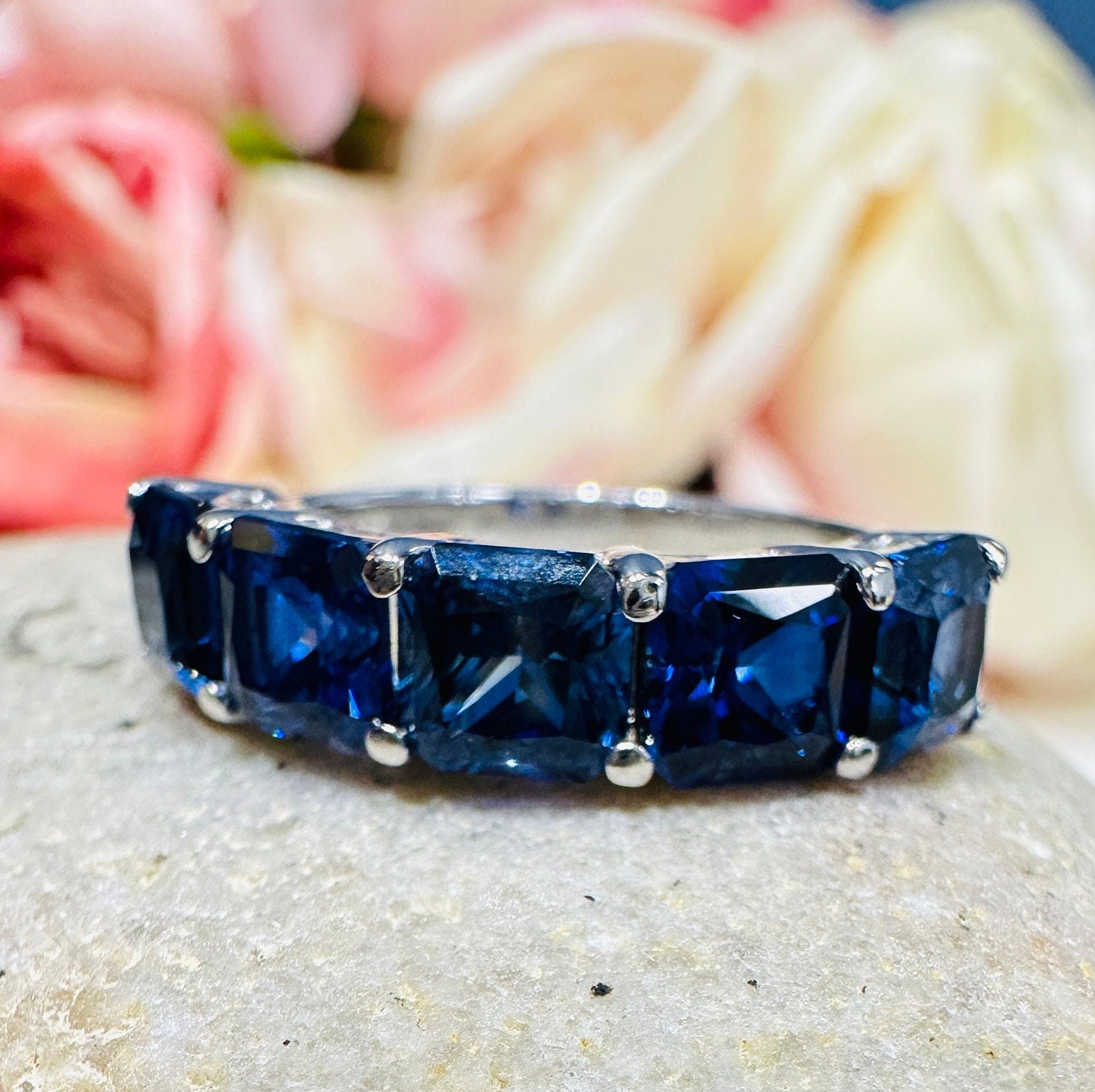Blue sapphire wedding band 14K white gold, matching band blue sapphires, radiant cut sapphire stacking band, September birthstone band #6019