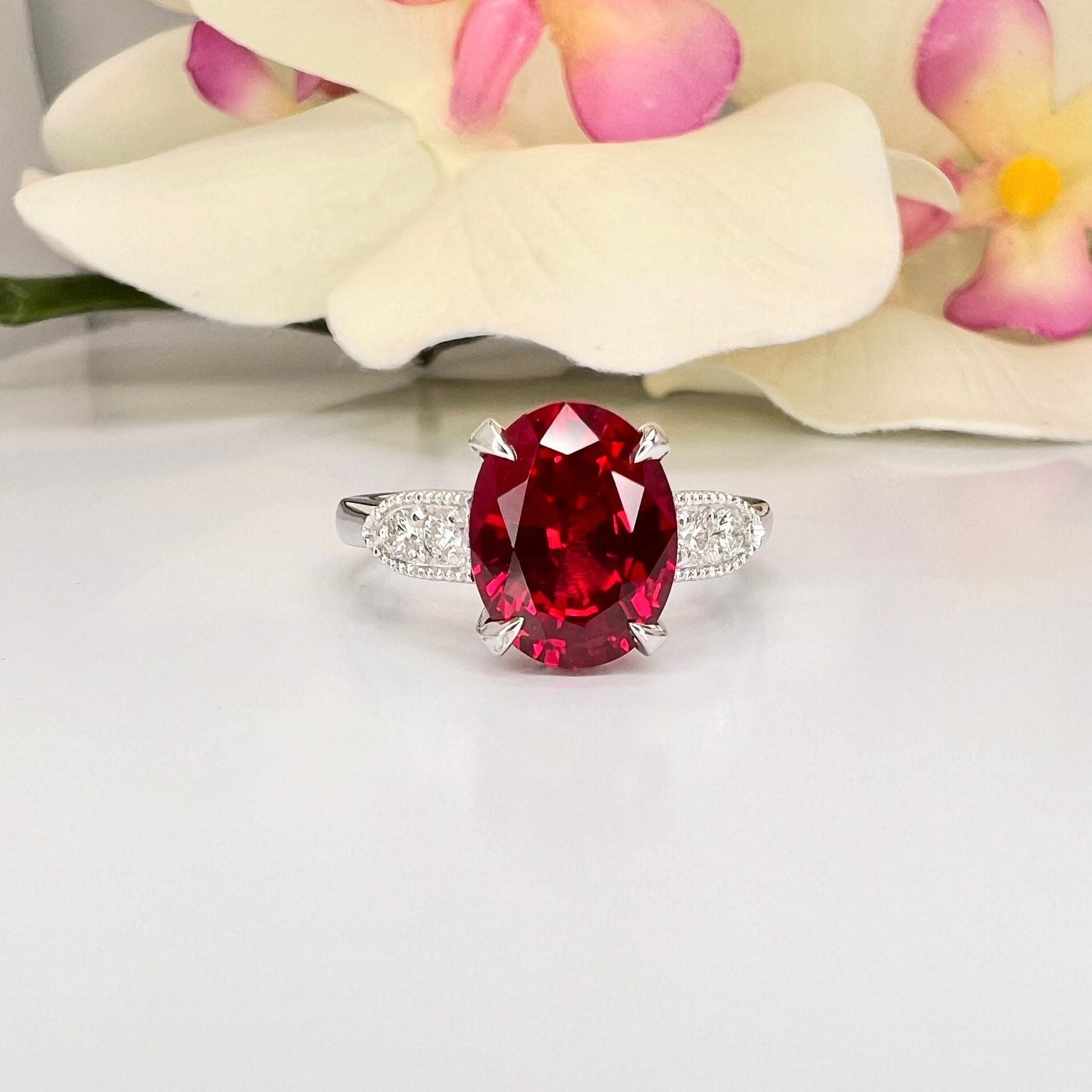 Oval Cut Ruby Ring 14K Yellow Gold for Women Ruby and Diamond