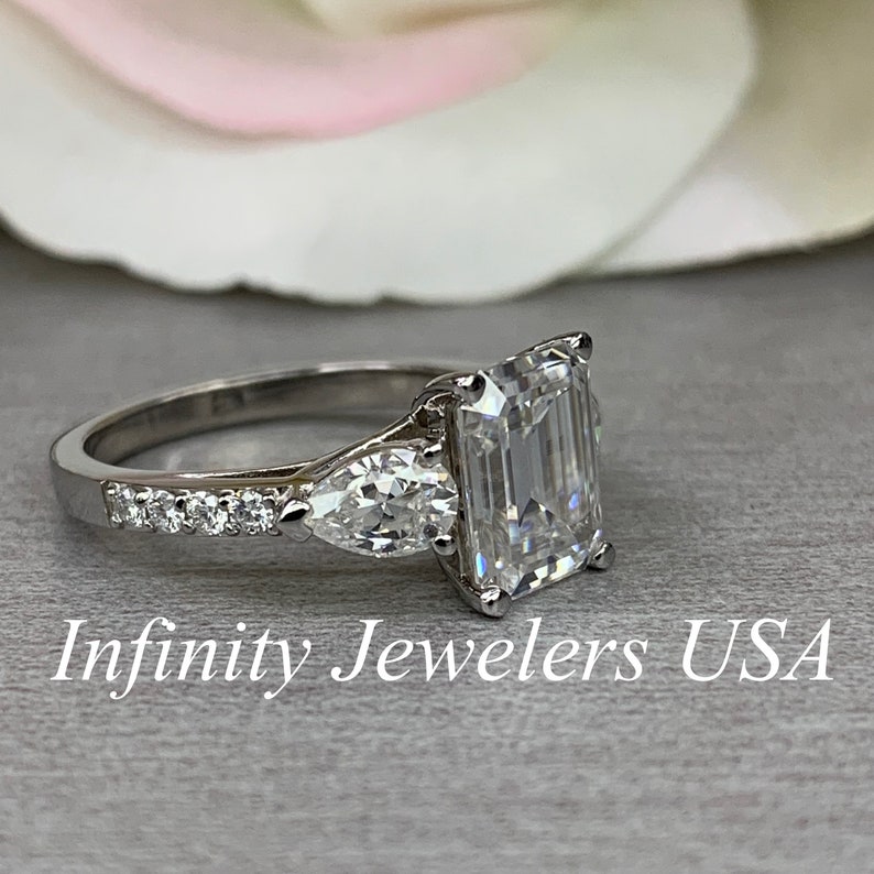 Moissanite Engagement Ring Emerald Cut With Pear Shape - Etsy