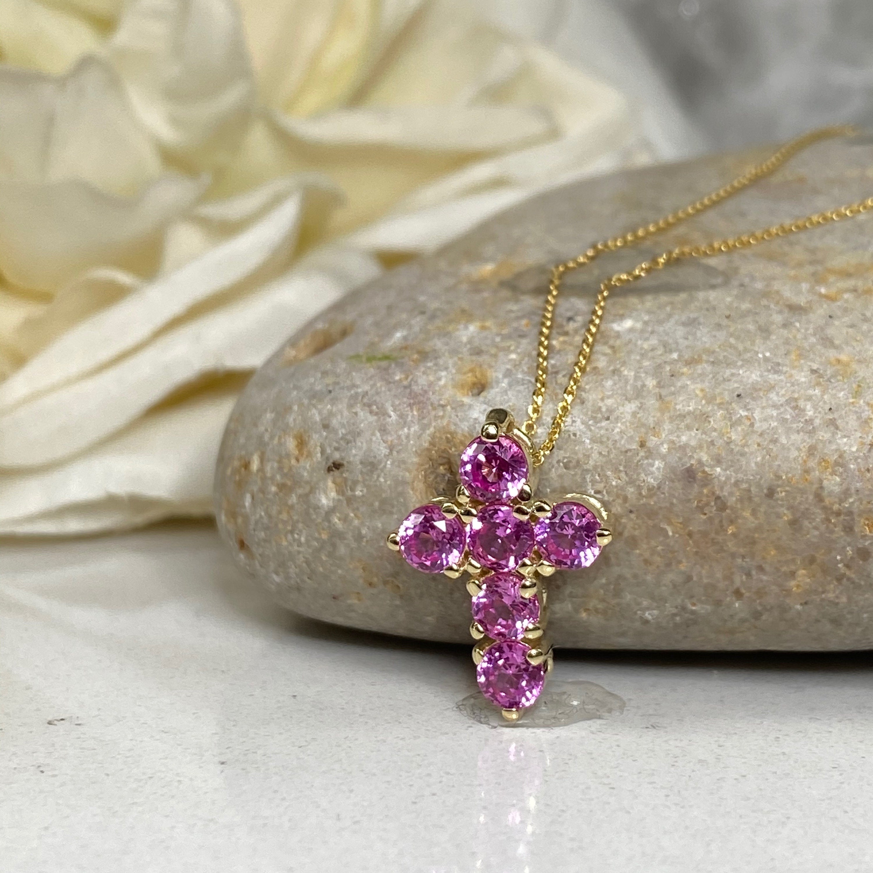 Cross Necklace, Pink Sapphire Small Cross Pendant Necklace, Dainty
